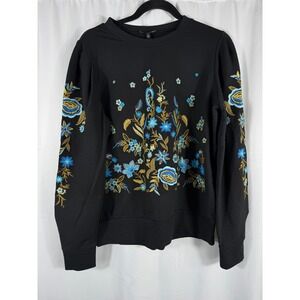 NWT Anthropologie Drew Womens Floral Embroidered Puff Shoulder Black S Sweater